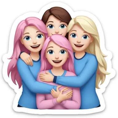 four adult white women laughing and hugging.  Two have long dark brown hair.  One has long pale pink hair and blue eyes. one has with blue eyes and light blonde hair. sticker