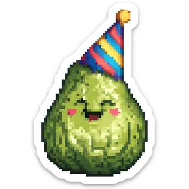 Add a colorful party hat to the happy pear in pixel art style. Keep the pixel art aesthetic and no background. sticker