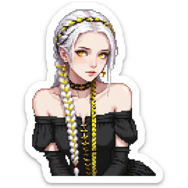 closeup portrait of young woman with gold yellow eyes, white hair in a long braid, black off-shoulder top, punk gothic style, futuristic cyberwave, sitting position sticker