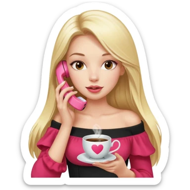 exaggerated features of woman with straight long blond hair, gossiping on a pink analogue phone, holding a tea cup, wearing an off-shoulder black top, red face sticker