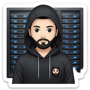 hackeur blanc cheveux noir barbe et capuche noir à côté d'un server ia sticker