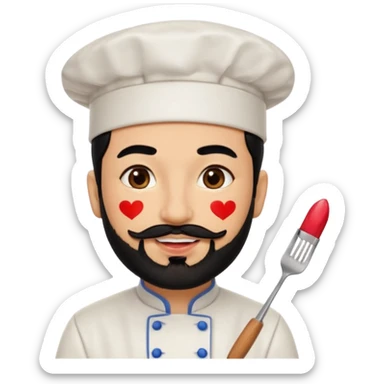 CHEF CON PELO NEGRO Y BARBA NEGRA, OJOS MARRON OSCURO. SONRIE Y TIENE MARCAS DE BESOS CON PINTALABIOS EN FORMA DE LABIOS sticker