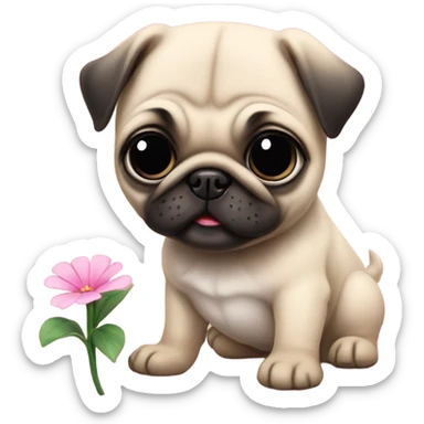Baby pug playing with a flower pink eyes  sticker