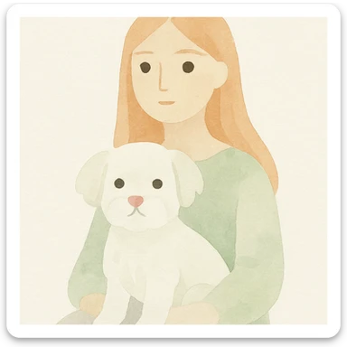 a white Maltese terrier with a pink nose on the lap of a girl with long strawberry blond hair and brown eyes, soft painterly style sticker