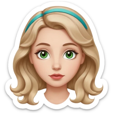 Generate an emoji of a white girl with a round face structure, light brown almost blonde loose curls, large forehead, brown arched brows, almond big green eyes with a lil blue in them, large rosy cheekbones and big rosy lips and a jawline sticker