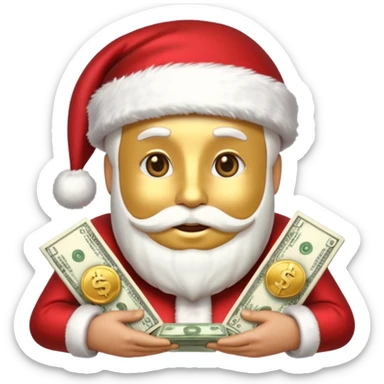 A confident rich emoji face wearing a Santa hat, money stacks, casino vibe, New Year theme, premium 3D emoji style, sharp details, no t sticker