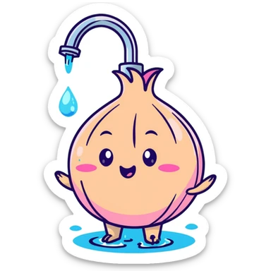 cute blushing onion character in shower, pink cheeks, shy expression, water pouring sticker