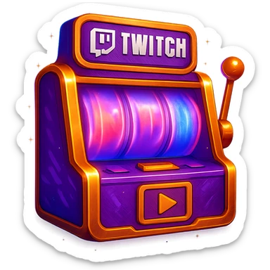 Add an animated effect like spinning reels or flashing lights to the slot machine emoji, keeping the Twitch streaming theme style. Maintain transparent background. sticker
