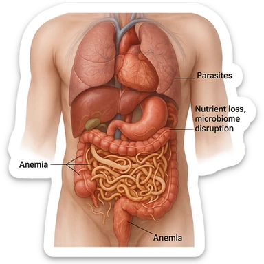 realistic transparent abdomen with massive infestation of all three parasites, severe nutrient loss, microbiome disruption, and anemia, medical illustration sticker
