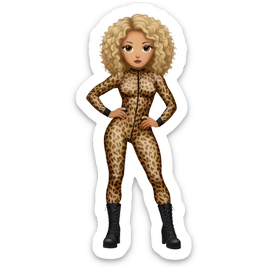 Melanie Brown with brown curls and blonde highlights wearing a tight leopard print two piece bodysuit and black combat boots sticker