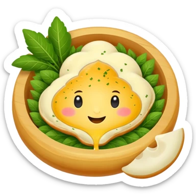 Georgian cuisine avatar in bright emoji-style illustration. Khachapuri and herbs, rich golden and green colors, simple shapes, flat design, strong character. Without human sticker