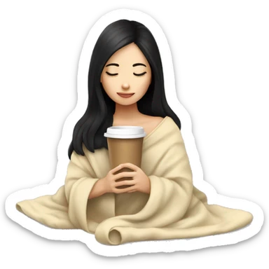 Asian girl inside a blanket sipping coffee eyes closed black hair sticker