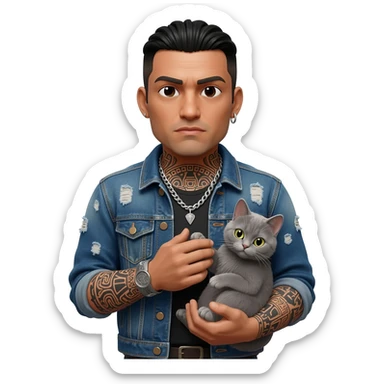 A Mexican thug with tatts holding a gray cat sticker