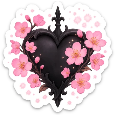 goth sakura heart, fantasy style, black heart with magical pink sakura, sparkles, whimsical and enchanting sticker