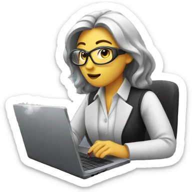 female technologist working on a laptop that is smoking (as in working hard) sticker
