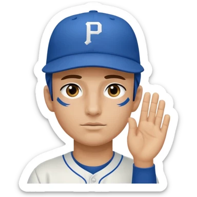 Baseball player, saluting, under eye black stickers, blue hat with P sticker