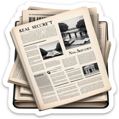 Icon for Non-Fiction & Narrative Reading: an open book with black-and-white photos on the pages, surrounded by a pile of newspaper clippings, and an open folder with top-secret documents. The icon should reflect the blend of real stories and facts in non-fiction literature. Transparent background. sticker