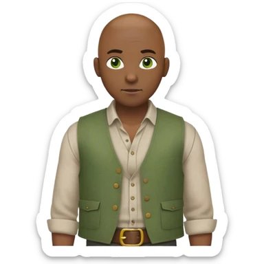 medieval outfit worn by a DnD themed fantasy character. basic linen shirt with a rough wool vest and a simple belt. clothes only above the waist. The clothes full waist. The character's haven't arms. character is bald, green eyes, dark-skinned man. sticker
