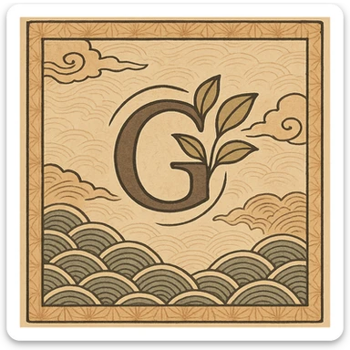 logo featuring the letter G with stylized leaves, elegant Japanese-inspired design, traditional ukiyo-e background with waves or clouds sticker