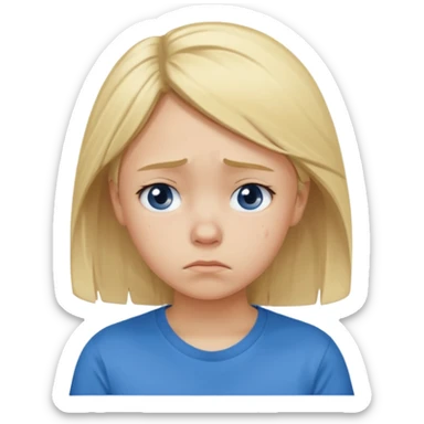 Young girl with blonde hair and a blue T-shirt, looking sad and discouraged sticker