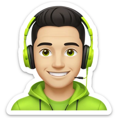 yellow-skinned guy head with slicked back black undercut hair and neon green headphones, smiling sticker