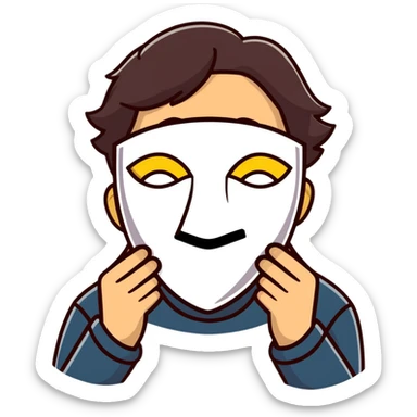 person holding a happy mask in front of their face, sad behind it sticker