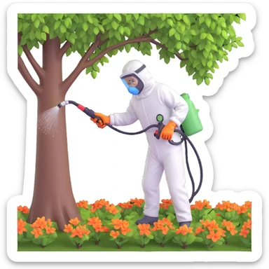 A gardener in protective suit and mask spraying a tree with a sprayer, performing chemical pest control. Bright green garden with trees, visible spray droplets, atmosphere of professional plant protection and garden care sticker