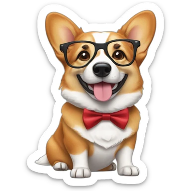 a corgi with glasses and a bow tie around his neck. sticker