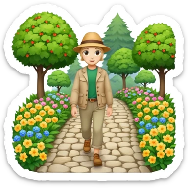somone walking in a garden on a path with flower and trees around him sticker