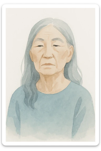 painterly portrait of old Asian woman with long grey hair and stoic expression sticker