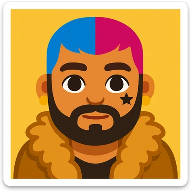 Create an emoji style image of a character with short blue and pink hair, beard, earrings, facial tattoo, wearing a fur coat, and natural skin tone. The style should resemble emoji style. sticker