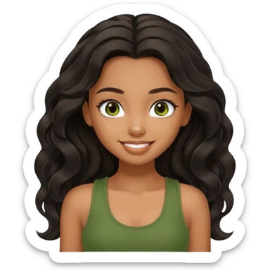 a pretty bratz brown girl with long wavy black color hair, brown eyes and green tank who is smiling sticker
