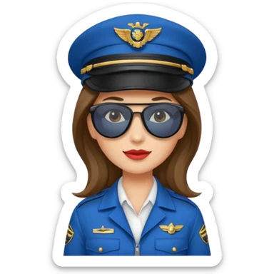 pilote d'avion femme cheveux brun clair avec sunglasses noires et chapeau de pilote et uniforme bleu sticker