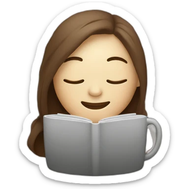 eyes closed smiling woman pale skin middle brown hair holding a laptop and a coffee mug, inside a blanket sticker