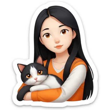 Asian girl with long black hair and the cat is lying on her shoulder, cat is mostly white with orange markings, tender moment sticker