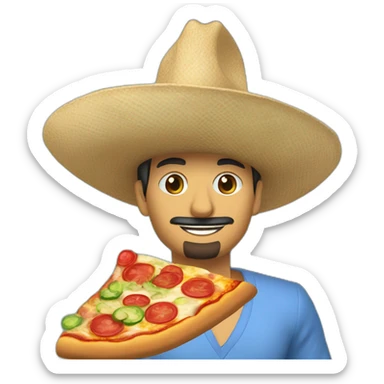 Homme mexicain avec un chapeau bleu, rouge et vert entrain de manger une pizza sur un bateau avec un perroquet sur son épaule sticker
