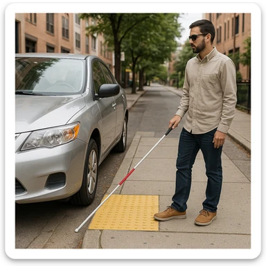A blind pedestrian with a white cane encountering a car blocking the sidewalk, focusing on the barrier and the need for clear walkways. sticker