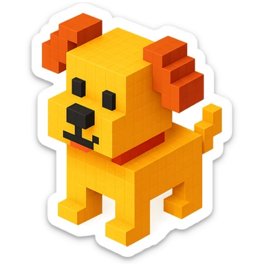 <SystemPrompt>
                <Style>
                  <Name>Voxel Emoji Art</Name>
                  <Description>A playful, isometric voxel style that mimics pixel art in 3D, commonly used for emojis, UI icons, and symbols. Rendered with bright, vibrant colors and no shadows.</Description>
                  <VisualRules>
                    <Geometry>
                      <BaseUnit>Cube</BaseUnit>
                      <GridAlignment>Isometric</GridAlignment>
                      <VoxelSize>Consistent</VoxelSize>
                    </Geometry>
                    <Color>
                      <Palette>Vivid and High Saturation</Palette>
                      <Gradient>Allowed on faces for subtle lighting</Gradient>
                    </Color>
                    <Lighting>
                      <Style>Soft studio lighting</Style>
                      <Shadows>Subtle ambient shadows</Shadows>
                    </Lighting>
                    <Detailing>
                      <Outline>None</Outline>
                      <Texture>Flat color (no texture noise)</Texture>
                      <Effects>None</Effects>
                    </Detailing>
                  </VisualRules>
                </Style>
                <Generation>
                  <PromptTemplate>
                    <![CDATA[
                      Render a voxel-style 3D illustration of a {subject}, using bright colors and blocky pixelated geometry. The object should appear playful and clean, similar to emoji aesthetics, with no shadows and no outlines. Lighting should enhance the 3D depth without harsh contrast.
                    ]]>
                  </PromptTemplate>
                </Generation>
              </SystemPrompt>
              {subject} = dog sticker