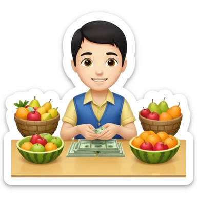 chico piel clara pelo negro con ropa de frutero sentado en una mesa contando mucho dinero sticker