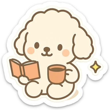 Transform the image into a WhatsApp sticker by removing the background, leaving only the cute dog sitting with a book and a mug. Add a white border around the dog for a sticker effect. sticker
