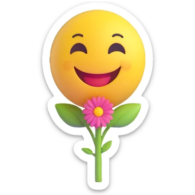 3D smiley emoji, round shape, in love, holding a flower, smiling face, no body sticker