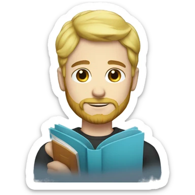 male with short blonde hair beard blue eyes with book sticker