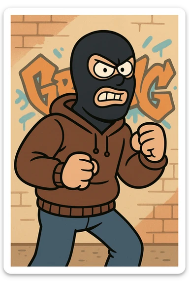 cartoon thug in a balaclava, graffiti background, urban street style, bold and vibrant colors sticker