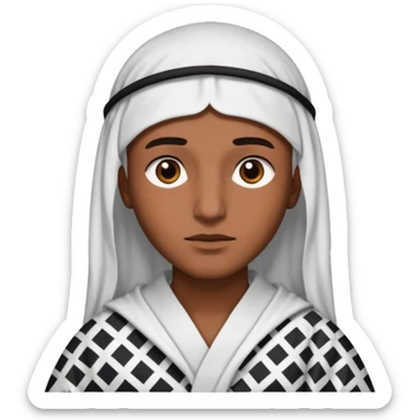 Una persona morena que solo se le vea la cara con una bata de arabe en la cara color blanco con cuadros negros sticker
