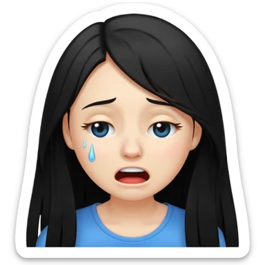 Emoji girl crying hard, tears streaming, pulling her long hair, exaggerated expression, flat 2D vector, transparent background sticker