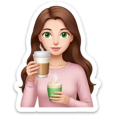 pretty woman with very long brown hair and green eyes and light pink outfit drinking a latte sticker