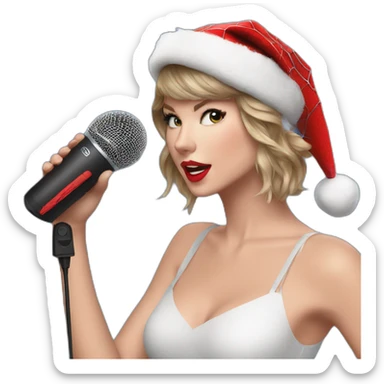 taylor swift in a spiderman costume and santa hat, shooting a spiderweb with one hand and holding a microphone in the other hand sticker