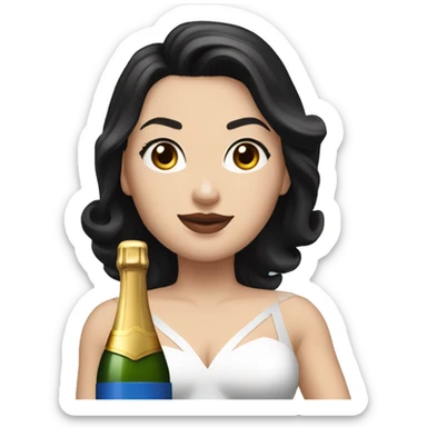White girl in a superwoman costume with black hair and a champagne bottle sticker
