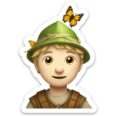 Medieval little whimsical little boy who is pale and he has a leaf hat and is riding a butterfly sticker