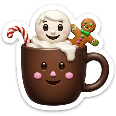 A hot chocolate with a gingerbread man and marshmallows sticker
